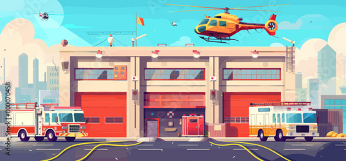 a helicopter is flying over a fire station