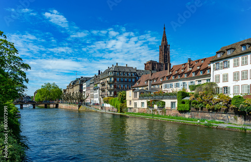 Strasbourg. Old town. waterside promenade of the Ill with the cathedral. France, Europe