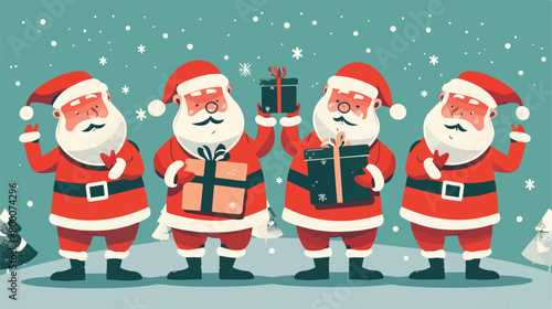 Four of Santa Clauses with big gifts on color background