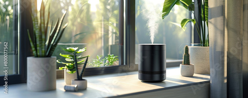 humidifier or diffuser. modern black air humidifier for home stands on the windowsill in a modern interior