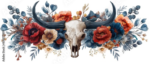 Background Consisting Of A Buffalo Head And Flowers. Illustration On The Theme Of Drawing, Wild West, History. Generative AI 