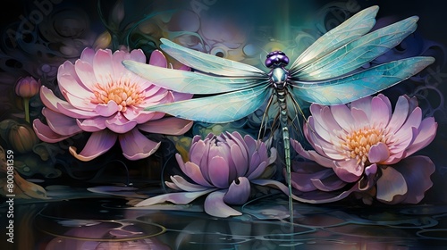 A blue dragonfly sits on a flower with a dark background