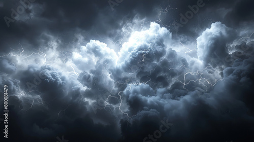 Dramatic storm clouds with vivid lightning strikes and dark skies