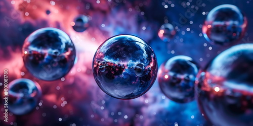 Chrome spheres floating in a zero-gravity environment with a starry sky in the background. Emphasize reflections and metallic sheen.