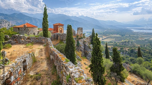 Panoramic view of the Mystras Byzantine fortress, ancient Greek site