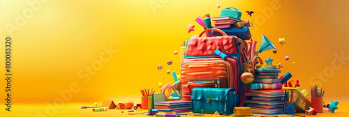 A giant backpack overflowing with school supplies, books, and other fun items, set against a bright and colorful background.