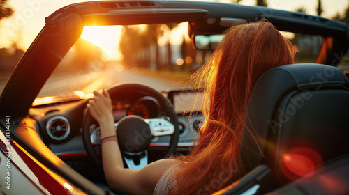 Woman Driving Mercedes Cabrio Car at Sunset