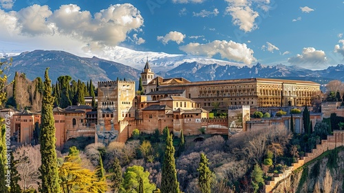 Panoramic view of the Alhambra in Granada, Moorish architecture
