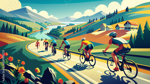 Scenic Countryside Bicycle Race on Sunny Day with Vibrant Landscape