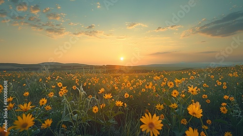 A portrait of a field of yellow flowers with sundown scenery with space for text or product advertisement background or a landscape, Generative AI.