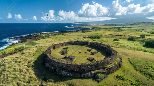 High-angle view of the Rapa Nui ceremonial platform, ancient Polynesian site
