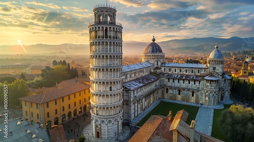 High-angle view of the Leaning Tower of Pisa, Italian landmark