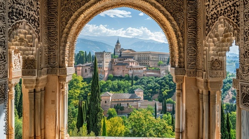 High-angle view of the Alhambra's intricate architecture, Moorish palace