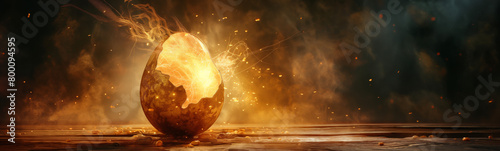 This captivating image features an egg emitting a blazing glow, full of energy and potential, on a dark wooden board