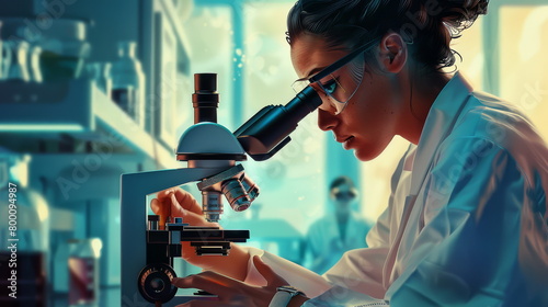 A dynamic laboratory scene capturing a dedicated researcher in the midst of analysis, her attention fixed on the eyepiece of the microscope