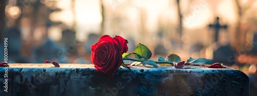 Red rose on the grave. Blurred background with cemetery.