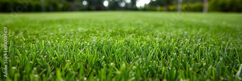 Detailed close up of vibrant green bermuda young grass flourishing on a lush well maintained lawn