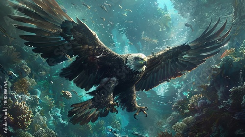 A large eagle is flying over a body of water with fish swimming below