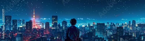 Remote worker on a Tokyo rooftop, city skyline at night, neon lights, clear starry sky, midshot, dramatic lighting
