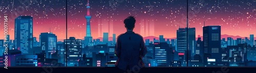 Remote worker on a Tokyo rooftop, city skyline at night, neon lights, clear starry sky, midshot, dramatic lighting