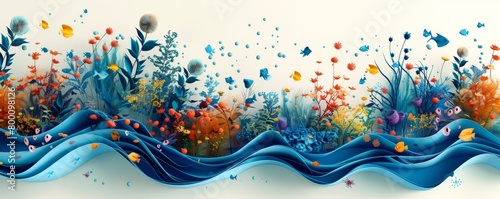 Vibrant aquatic ecosystem graphic with colorful fish and underwater flora