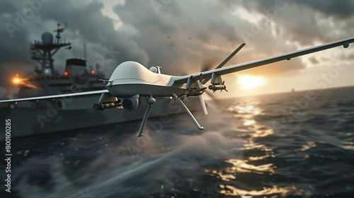 A modern white military combat UAV is flying over the ocean, with a large ship visible in the background. The drone is attacking the tanker