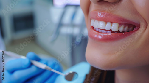 Beautiful snow-white smile of a young beautiful woman in a dental office
