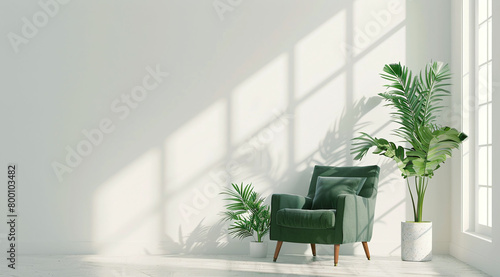 Green armchair and plants in a minimalist white room with natural light. Interior design mockup with copy space. Modern home decor concept. Design for wallpaper, poster, banner.