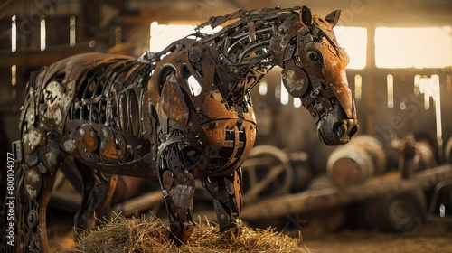 A horse sculpture made of metal and hay