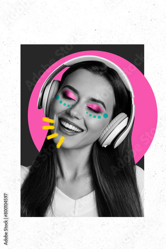 Vertical picture collage cheerful pretty smiling girl headphones smile music listener joyful positive mood drawing background
