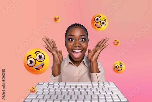 Photo collage picture young happy joyful woman keyboard computer equipment emoticon face expression amazed happiness drawing background