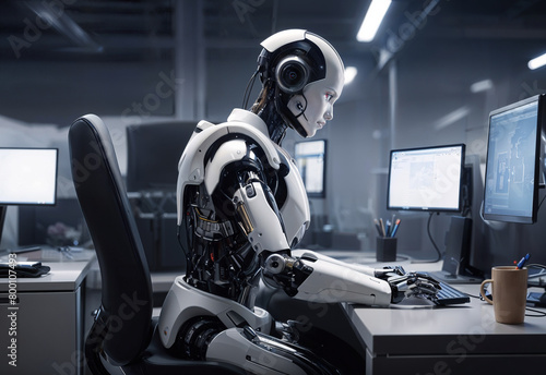 Futuristic humanoid robot works at computer in office environment. AI will replace humans at work.