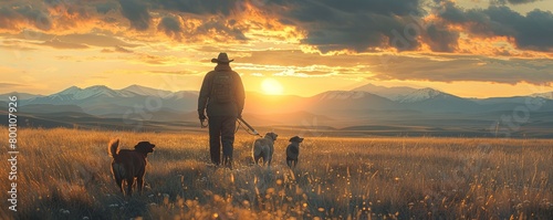 Man upland bird hunting with his dogs in the plains of northeastern Montana.