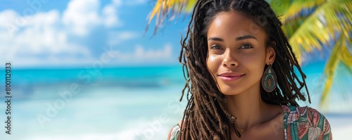 Beautiful African American woman with long black dreadlock hair outside on a tropical island beach looking at the ocean.