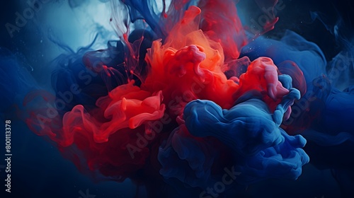  Enter a realm of artistic expression as acrylic blue and red hues merge and mingle in water, creating captivating ink blots that embellish a dark, abstract canvas, all portrayed with the clarity and 