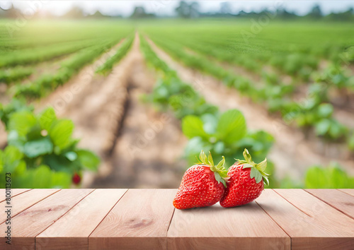 Wooden table top on blur strawberry farm background in daytime. For montage product display or design key visual layout