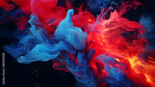  Immerse yourself in the fluid elegance of acrylic blue and red colors swirling gracefully in water, forming mesmerizing ink blots that contrast beautifully against a mysterious black background, all 