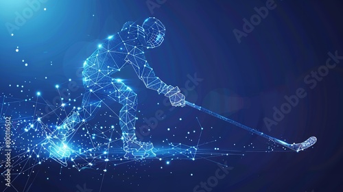 An illustration of a player playing hockey in a dark technological backdrop with a big space for text a sports type background, Generative AI.