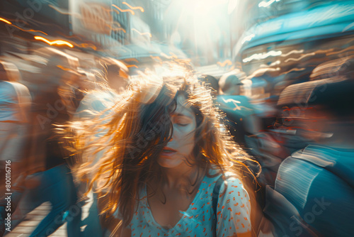 A woman experiencing a panic attack in a crowded public space, symbolizing the challenges of mental health, solitude, and fear amidst the bustling city life