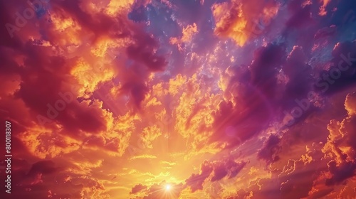 A dramatic sky ablaze with colors during sunset, evoking a sense of awe and wonder at the divine on Ascension Day. 8k, realistic, full ultra HD, high resolution, cinematic photography ar 16:9