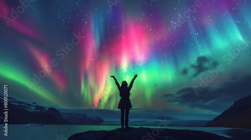 A person stands in snow field wow with beautiful aurora northern lights in night sky in winter.