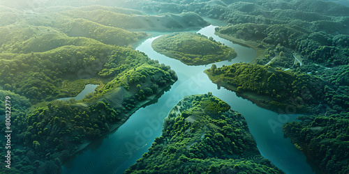 Aerial view of a river delta with lush green vegetation and winding waterways, Dancing Abstract Patterns in the Marshlands. 