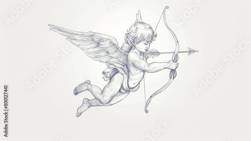Cute Cupid angel with bow and arrow symbolizing love. Line drawing art.