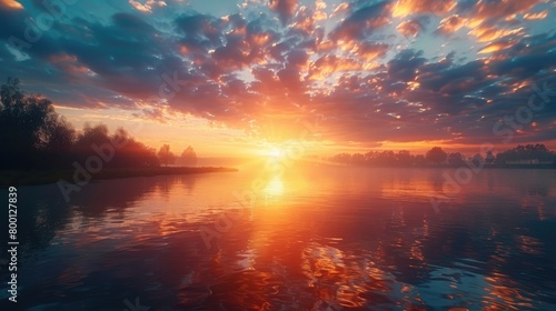A majestic sunrise over a tranquil lake, symbolizing renewal and spiritual awakening on Ascension Day. 8k, realistic, full ultra HD, high resolution, cinematic photography ar 16:9