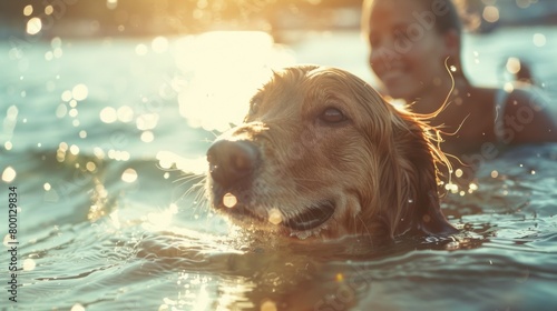 Dog swimming in water in sea with happy family at sunset