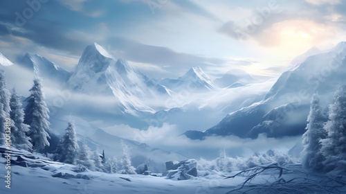 Majestic 3D rendering of a mountain landscape during winter with snowcovered peaks and frosty trees perfect for ski resort advertisements or environmental studies