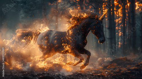 A fiery horse is galloping through a forest. The horse is surrounded by flames, the fire is spreading.