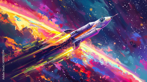 A pixel art spaceship blasting off from a retro launchpad leaving a trail of vibrant pixels in its wake