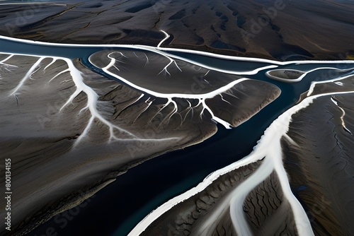Aerial Photograph of a Glacial River Delta in Iceland with many meandering branches and veins Generative AI 