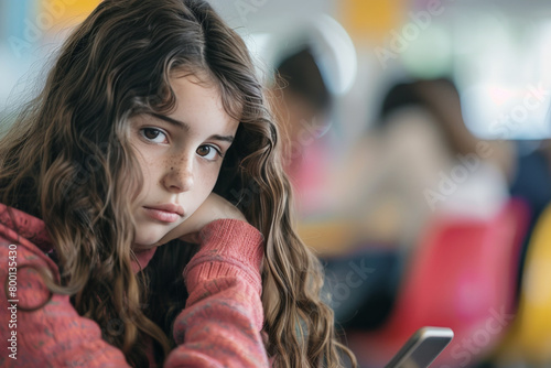 chica joven estudiante sentada sosteniendo un móvil en su mano, con mirada triste, sobre fondo desenfocado de aula de colegio 